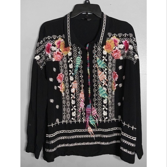 Floryday Black Multicolored Embroidered Long Sleeve Button Down Shirt Large - Picture 1 of 8